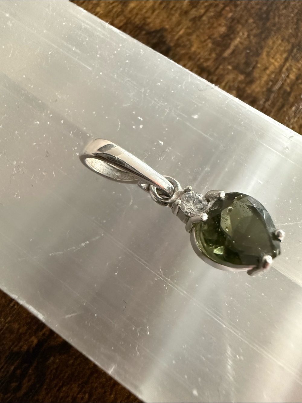 Genuine Moldavite Faceted 8mm Heart Shaped Pendant w/ CZ Accent 925 Silver